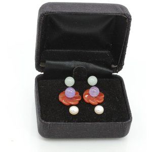 6 pairs 925 STERLING GSI Hong Kong, pearl, jade earring set vintage in case